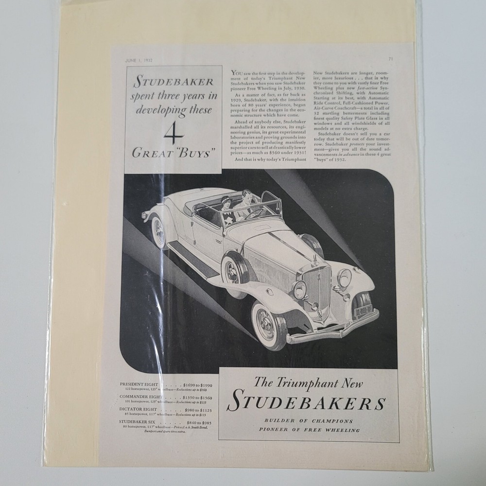 1932 Studebaker Triumphant New Studebakers AD Ephemera Advertisement