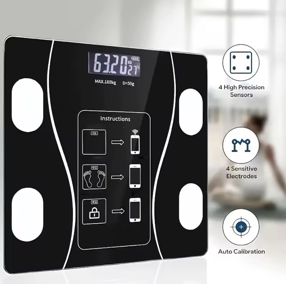 Black Digital Smart Body Analyzing Bathroom Scale Glass Modern USB Charging