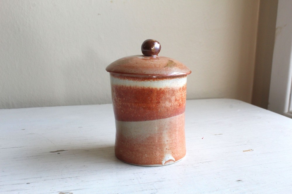 Vintage 90s Studio Pottery Hand Thrown Lidded Jar Orange Cream Rust Raku