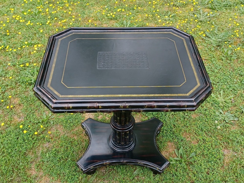 Maitland Smith Side Table Ebonized Faux Bamboo Leather Top Hand Painted Table