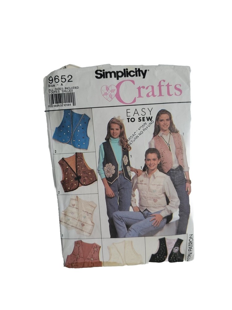Simpliity 9652 Vintage 90's Crafts Easy to Sew Vest Pattern