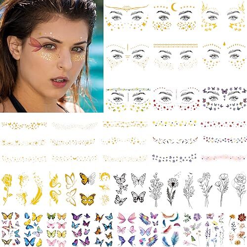 JEEFONNA 60 Sheets Face Temporary Tattoos, Metallic 60 Sheets Temporary Tattoos