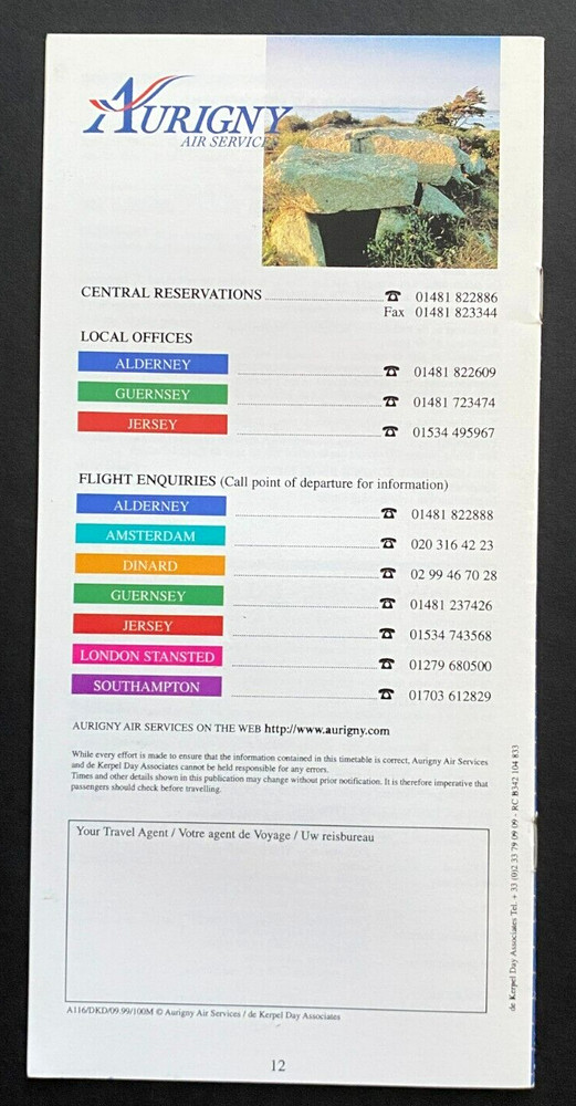 Aurigny Air Services Timetable Effective October 31, 1999
