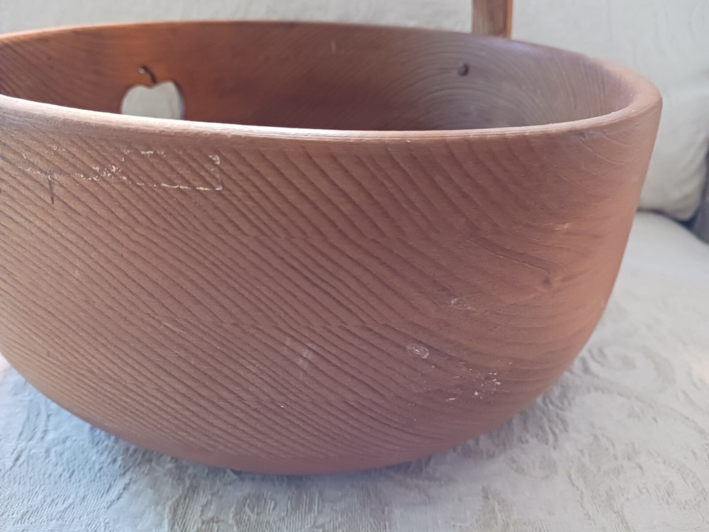 Hand Crafted Solid Wood Basket w Apple Cutout & Handle Artisan Signed California