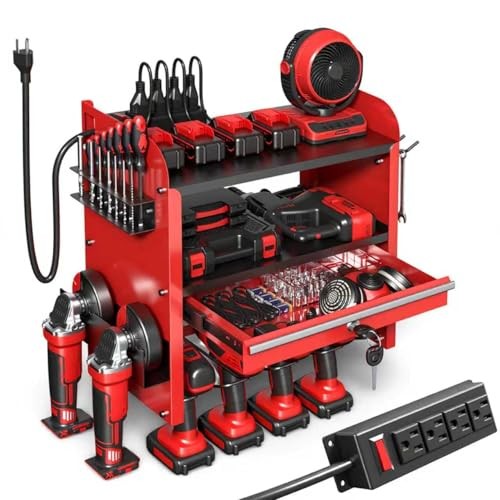 Power Tool Organizer Wall Mount with Drill Rack & Locking Drawers - Heavy Red