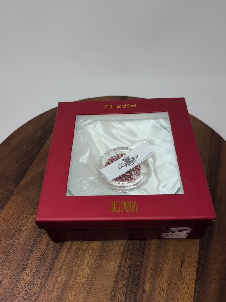 Oleg Cassini Crystal Footed Bowl Ruby & Clear Crystals Center 7" Signed Bling!