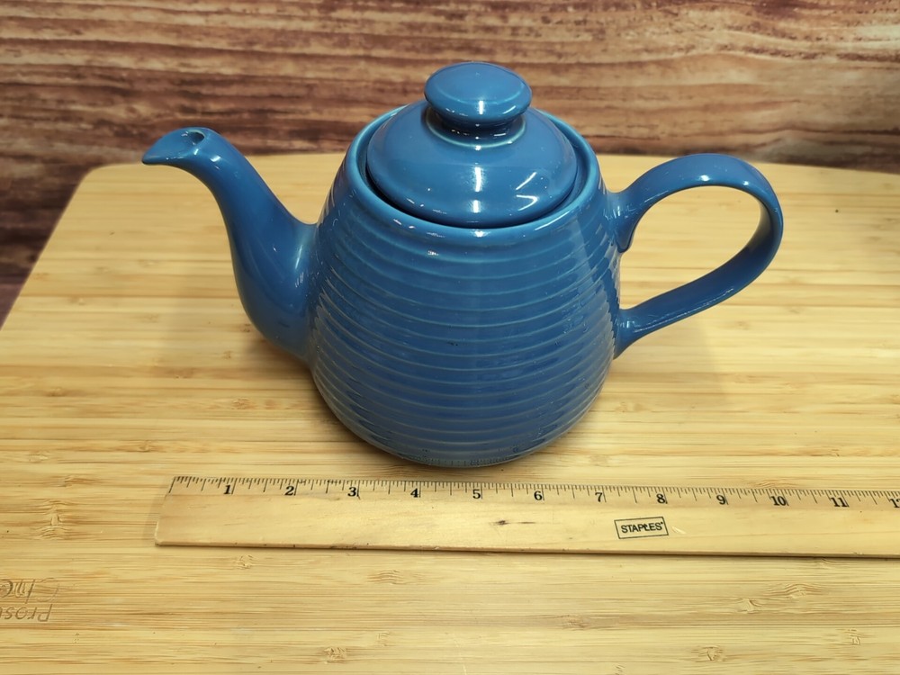 BLUE Rayware Teapot Ribbed Ceramic Pottery
