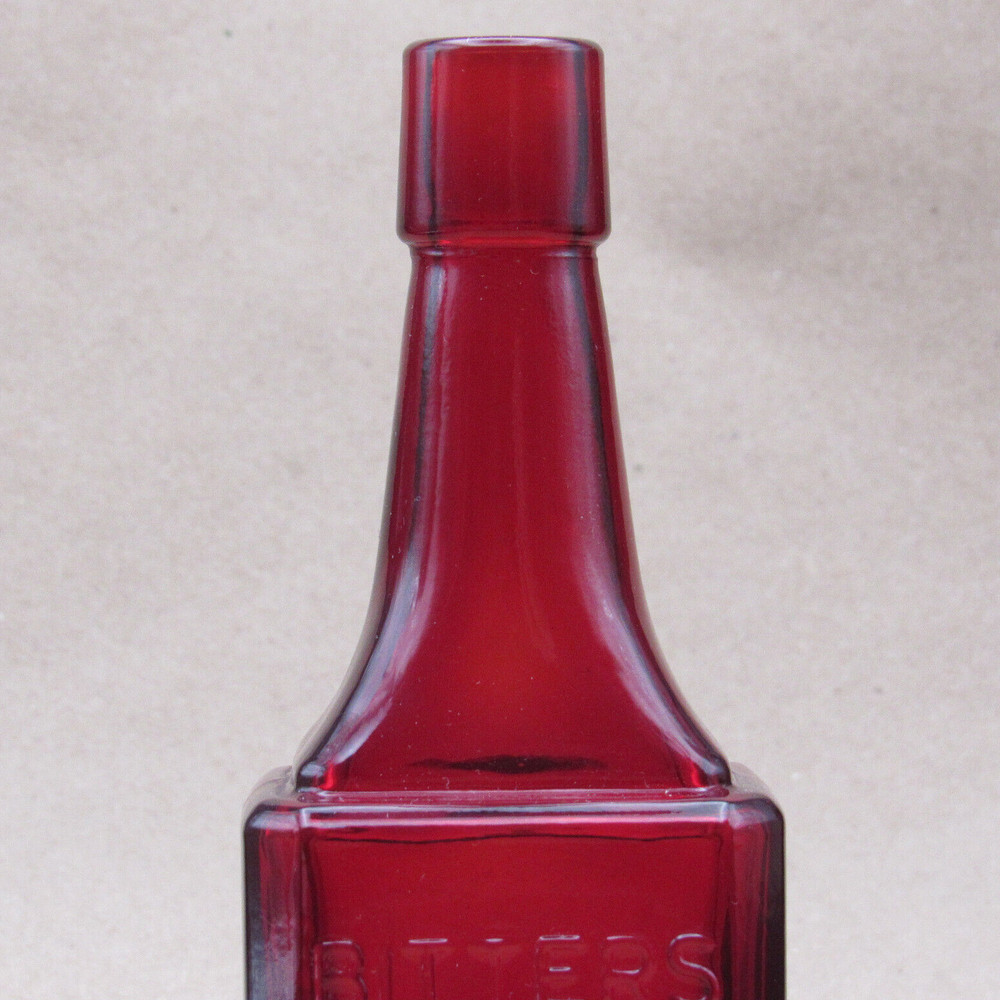 Wheaton Bottle, Ruby Red Bitters, 6" Rectangle Base, Embossed Text, Vintage NJ