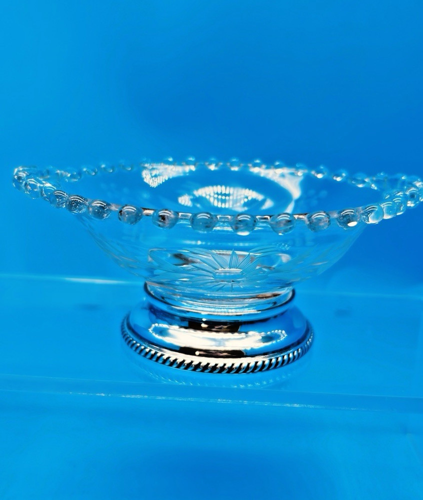 Imperial Candlewick 5" Handled Bowl Etched Floral Solid Sterling Silver Base