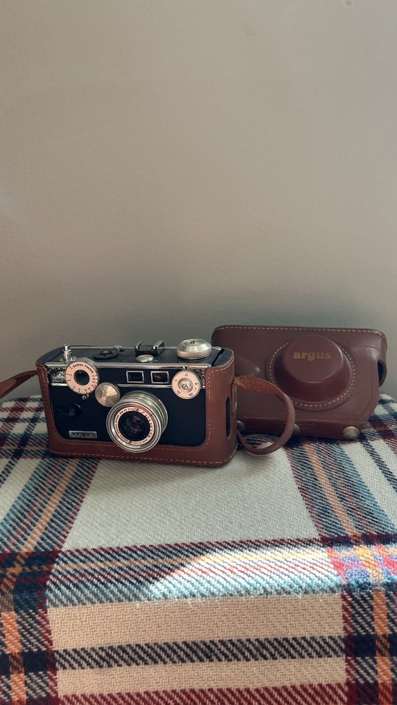 Argus Cintar Rangefinder Camera Black Silver with Brown Leather Case
