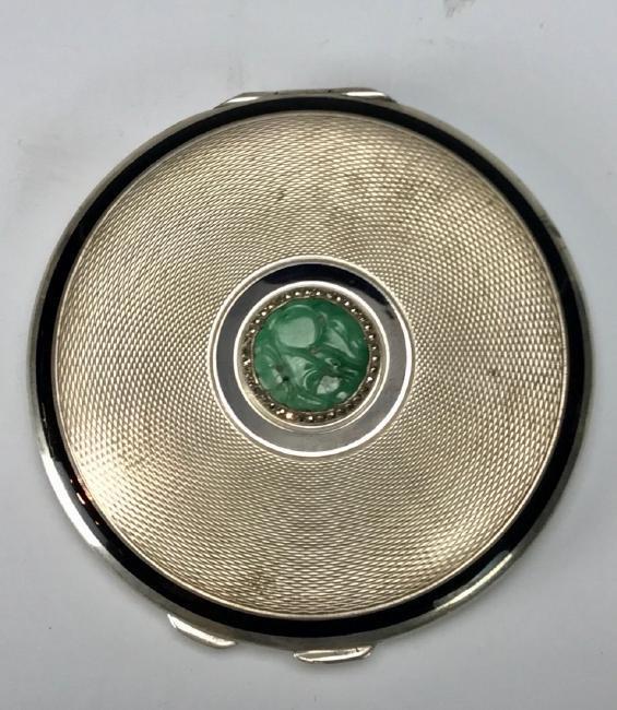English Silver Compact With Inlaid Jade.