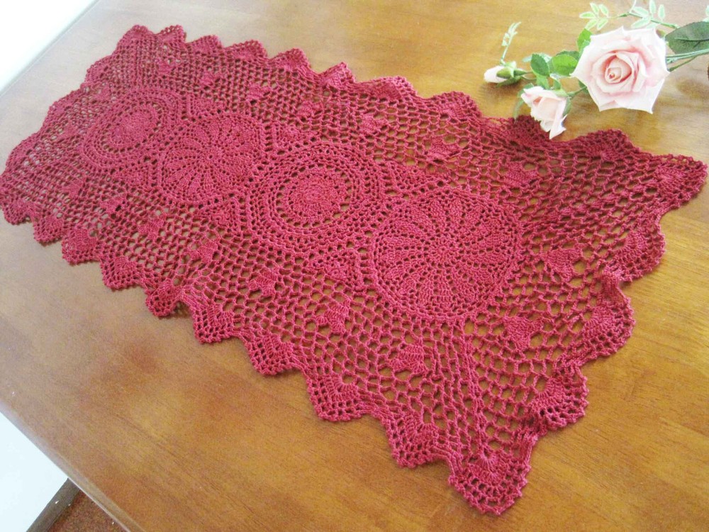 Vintage Style Hand Crochet Deep Red Cotton Table Runner