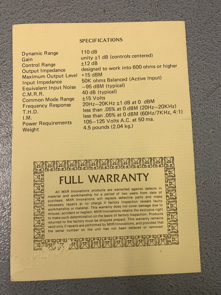 Vintage MXR Two Channel Graphic Equalizer Spec Card