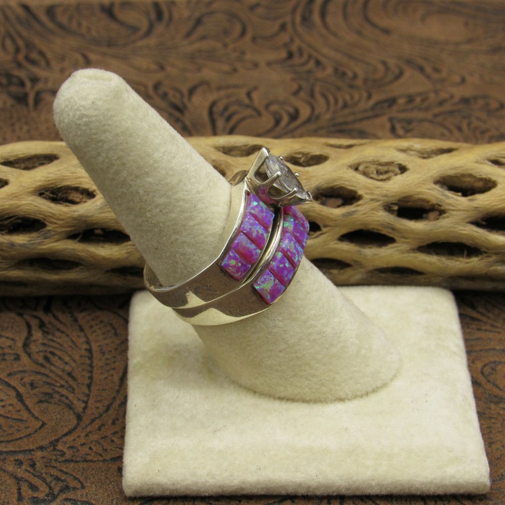 *Sterling Silver Purple Lab Opal Wedding Ring Set Size 8 1/2