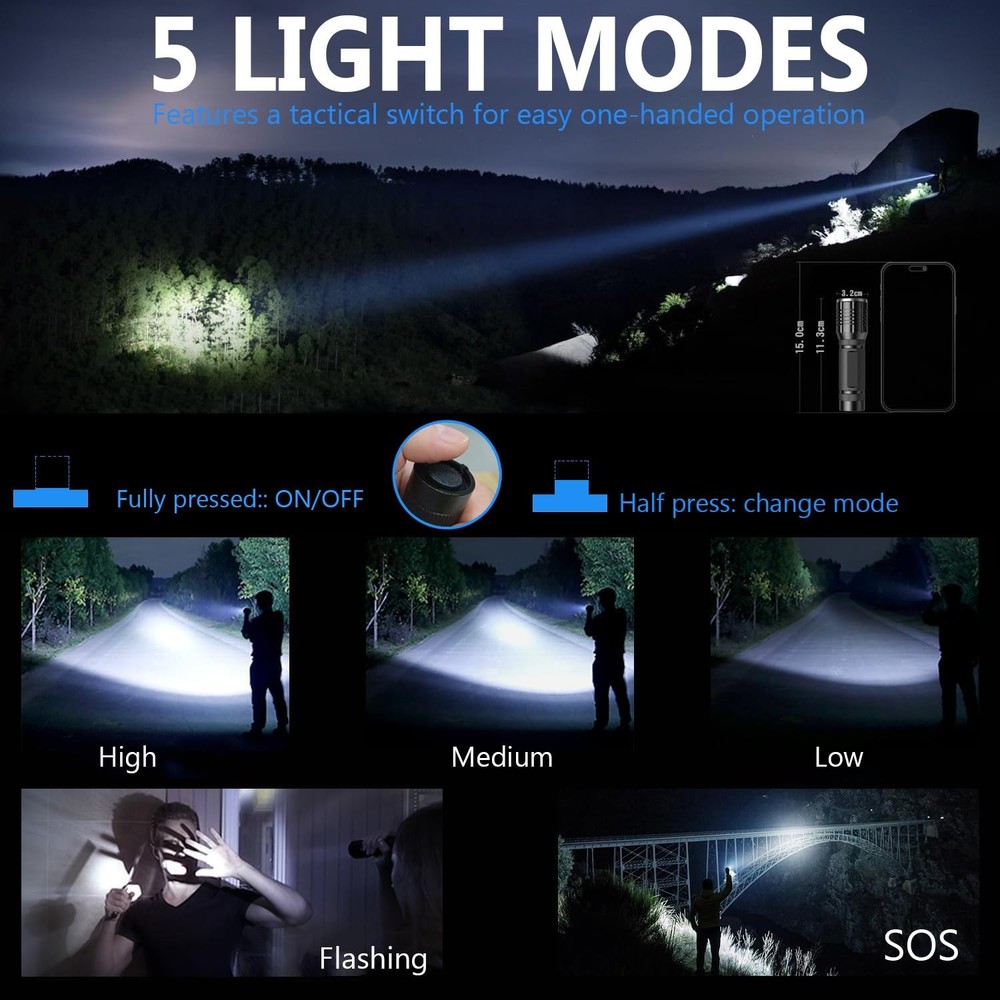 Skylla Flashlight LED Torch Tactical Small Flashlights Silver + Black