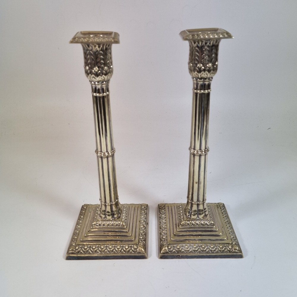 Antique Pair 19thC Cluster Column Silver Plated Candlesticks 27cm High