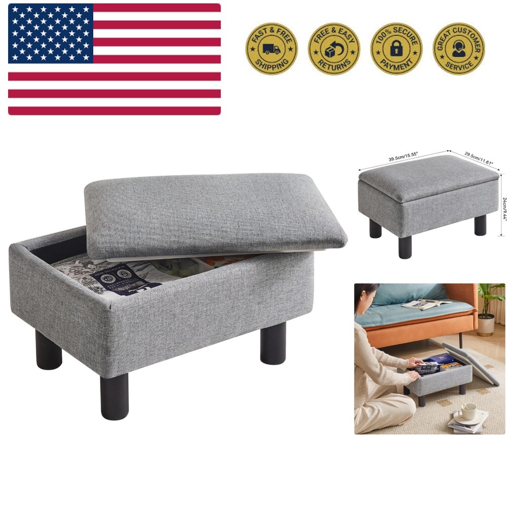 Storage Ottoman Footrest Stool with Linen Fabric, Rectangular, Flip Top Lid, ...