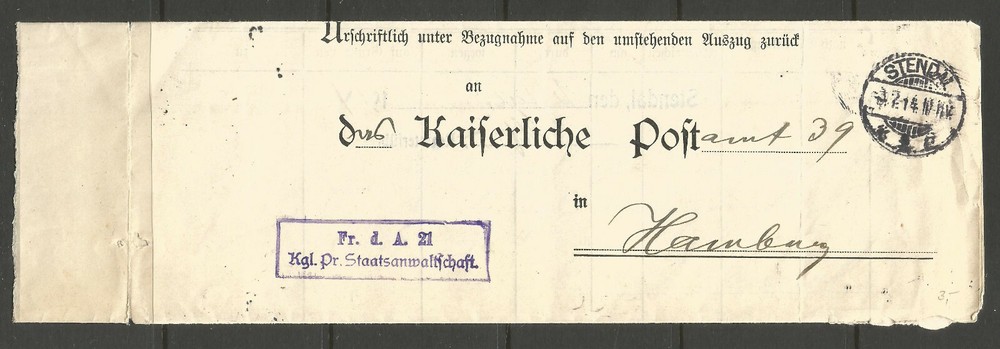 ⭐OSBURGH – GERMANY. 1914. OFFICIAL FOLDED ENVELOPE. STENDAL. STAATSANWALTSCHAFT
