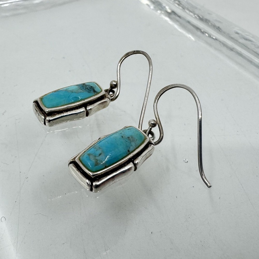 Sterling Silver Turquoise Rectangular Dangle Earrings 1” 3.3g