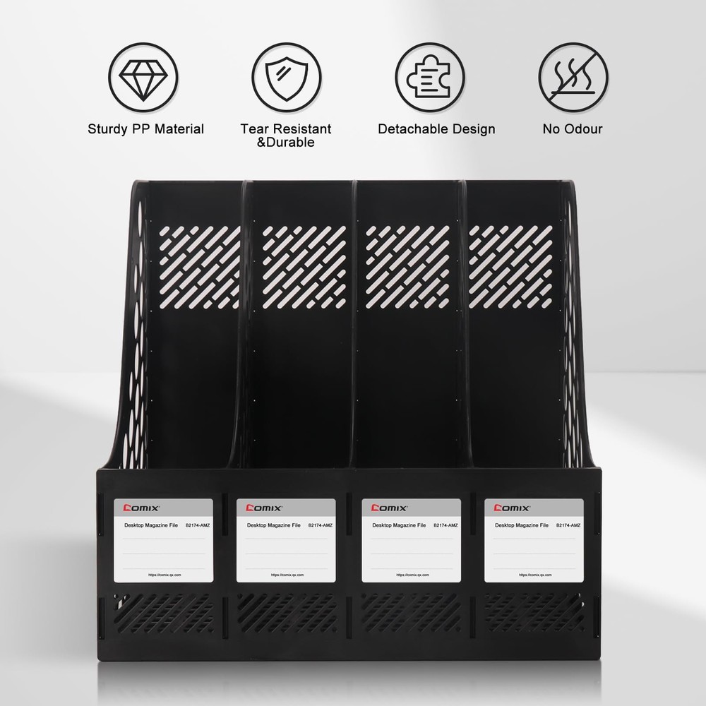 Comix Magazine File Holder Rack/Vertical Desktop Large-4 Black, Black