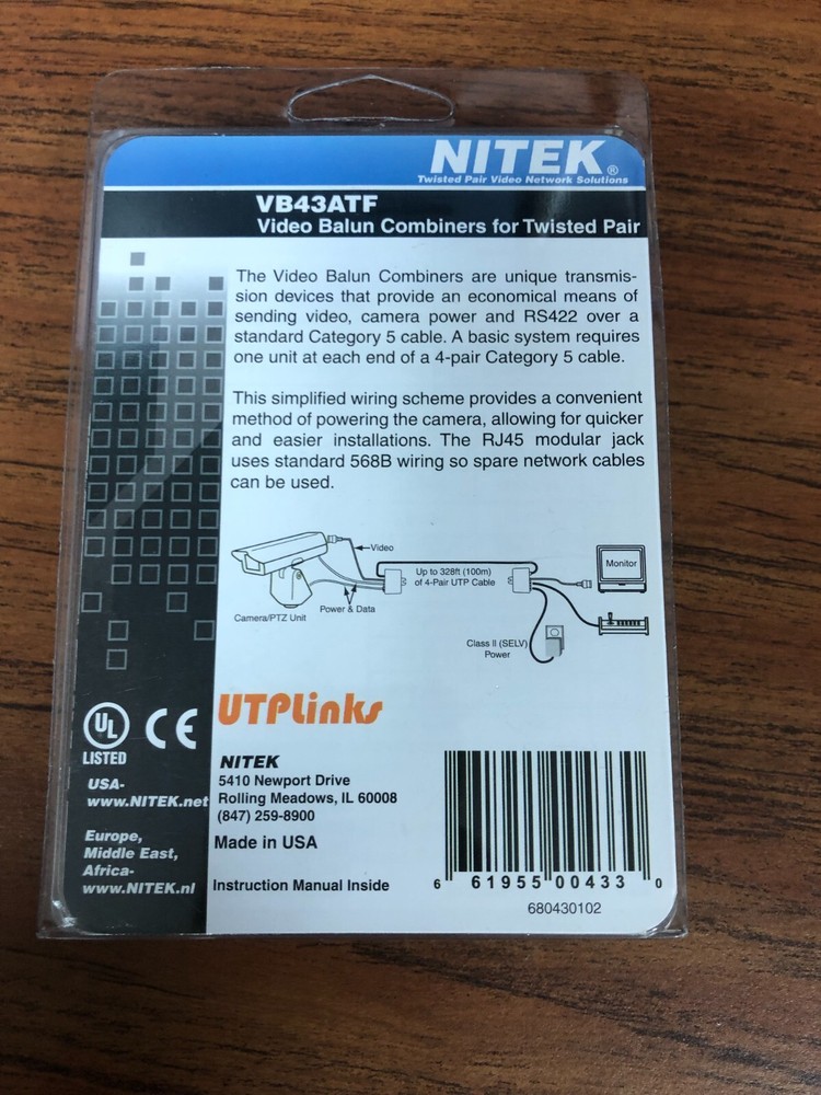 New - Nitek VB43ATF Twisted Pair Power + Video + Data Transceiver / Balun