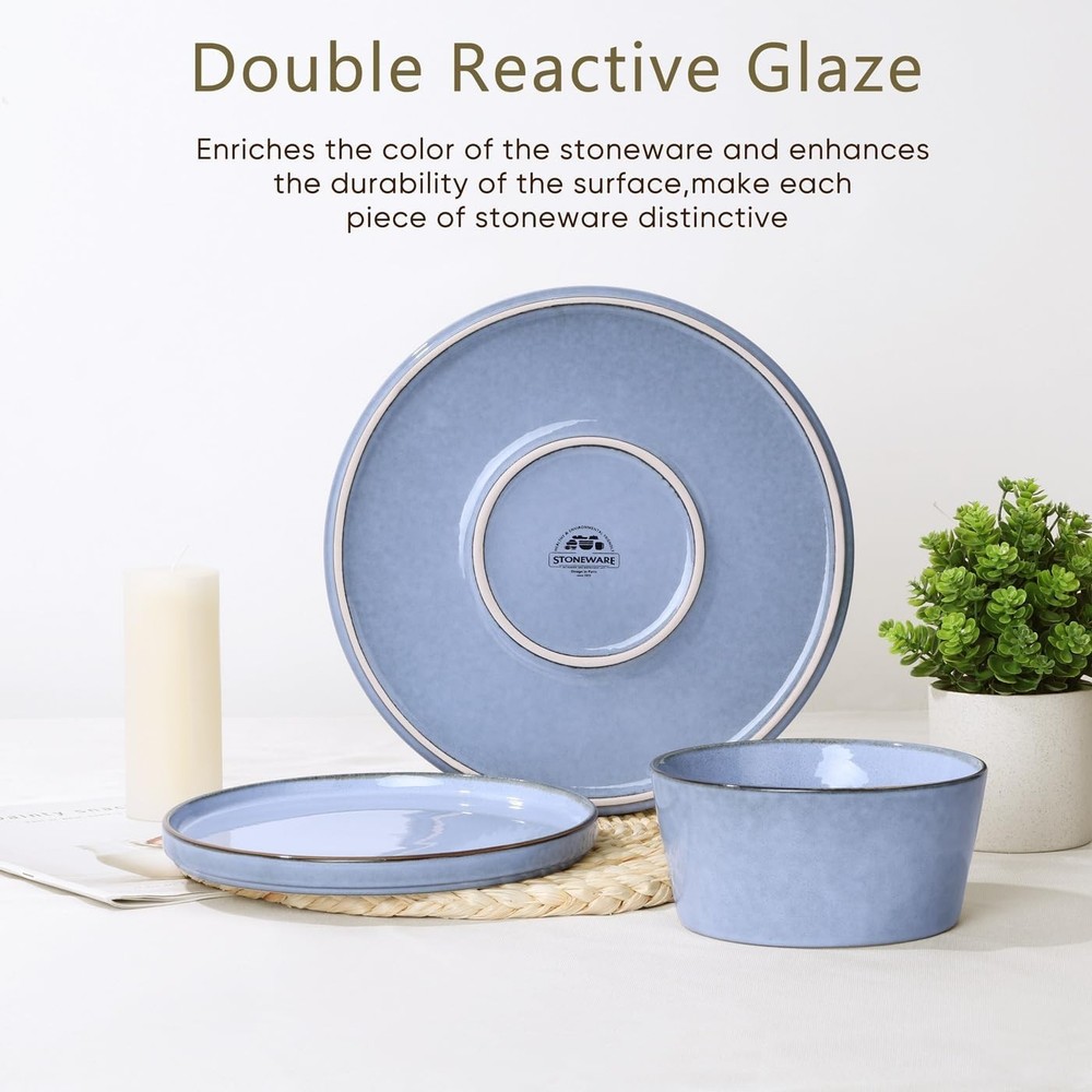 12-Piece Stoneware Dinnerware Set 4 Dinner Plates & Bowls Sets Double Reactive