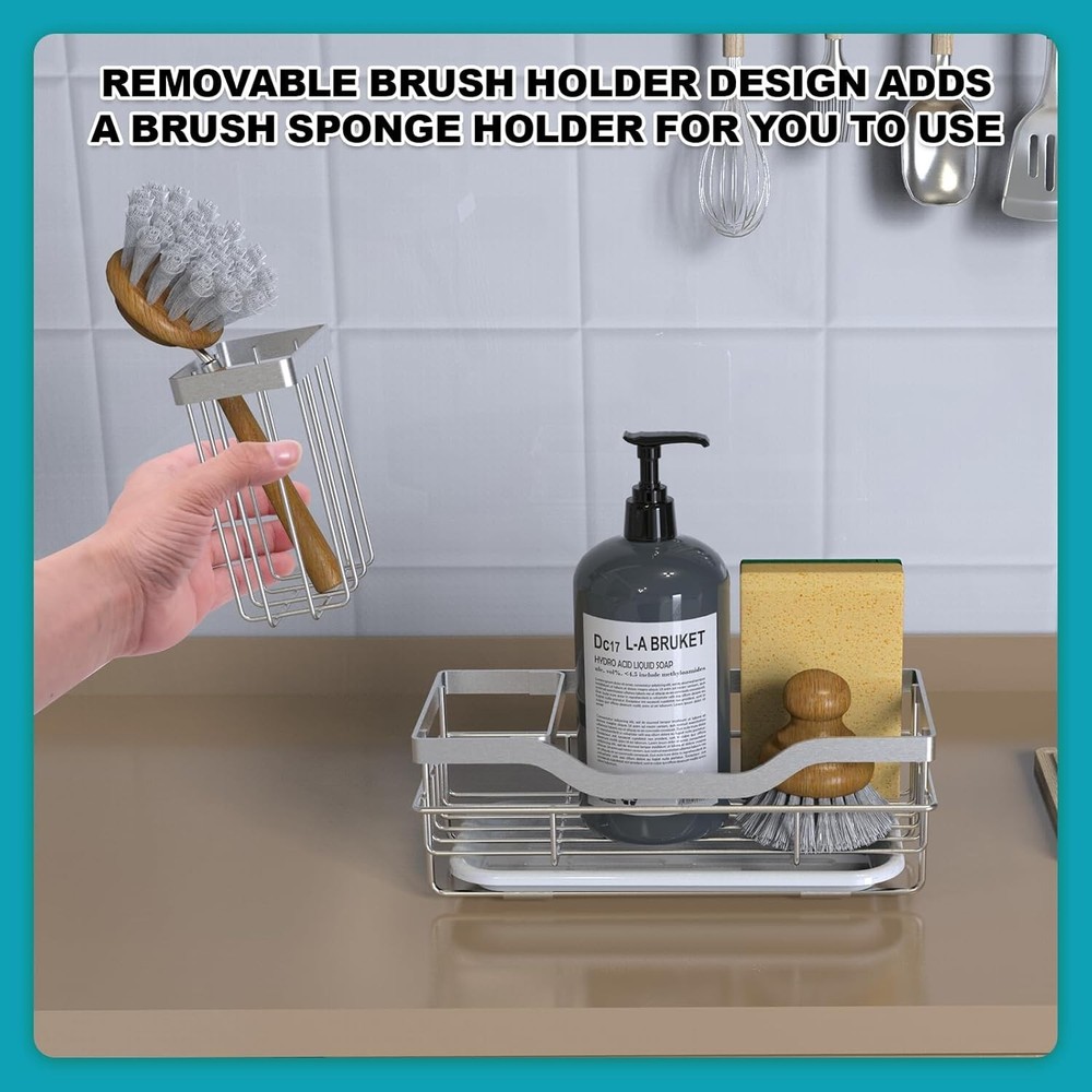 Rustproof Kitchen Sink Organizer and Sponge Caddy with Detachable Brush HolderSF