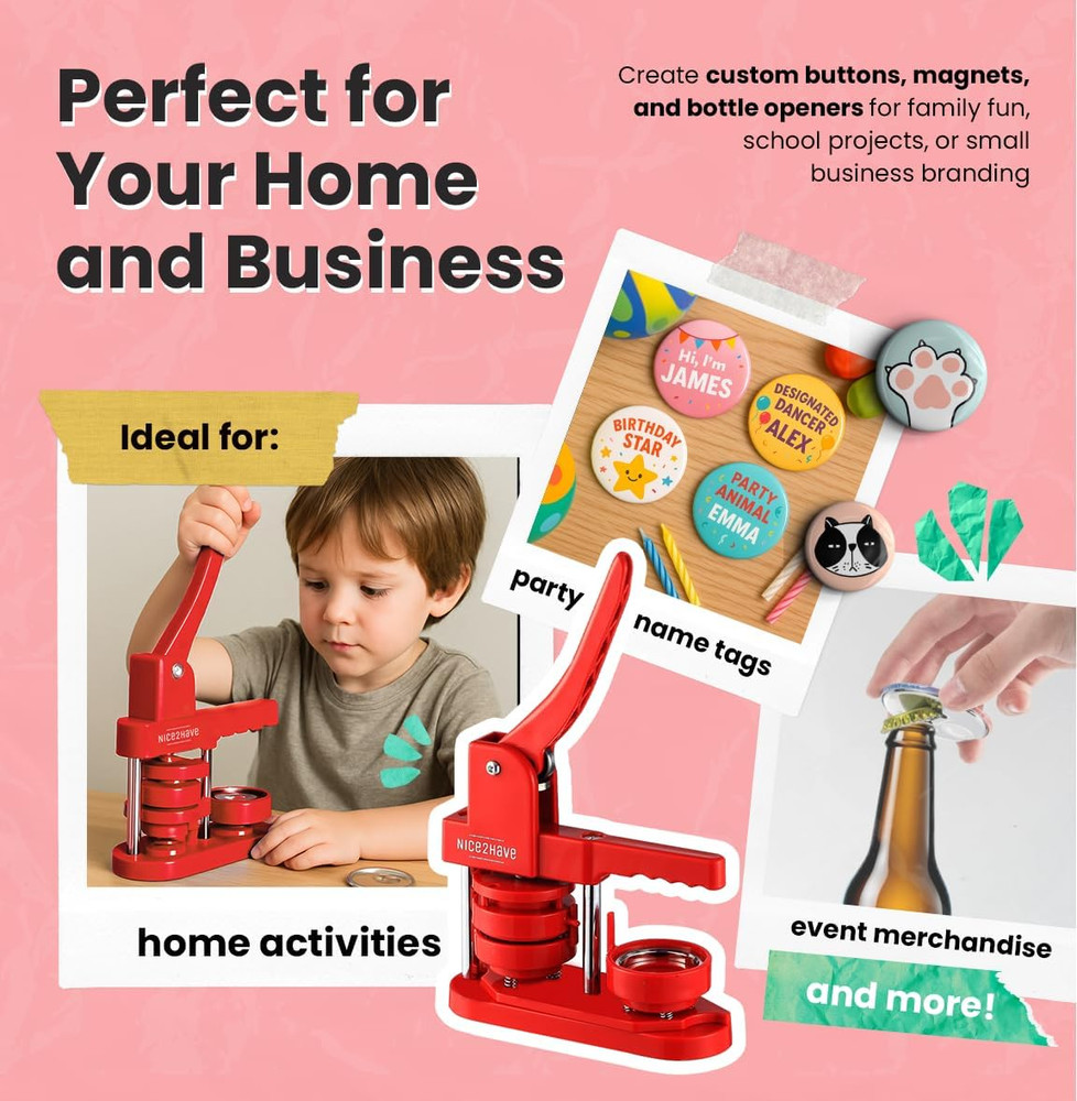 DIY Button Maker Kit - 2.25" Machine with 100 Buttons & Accessories - Red
