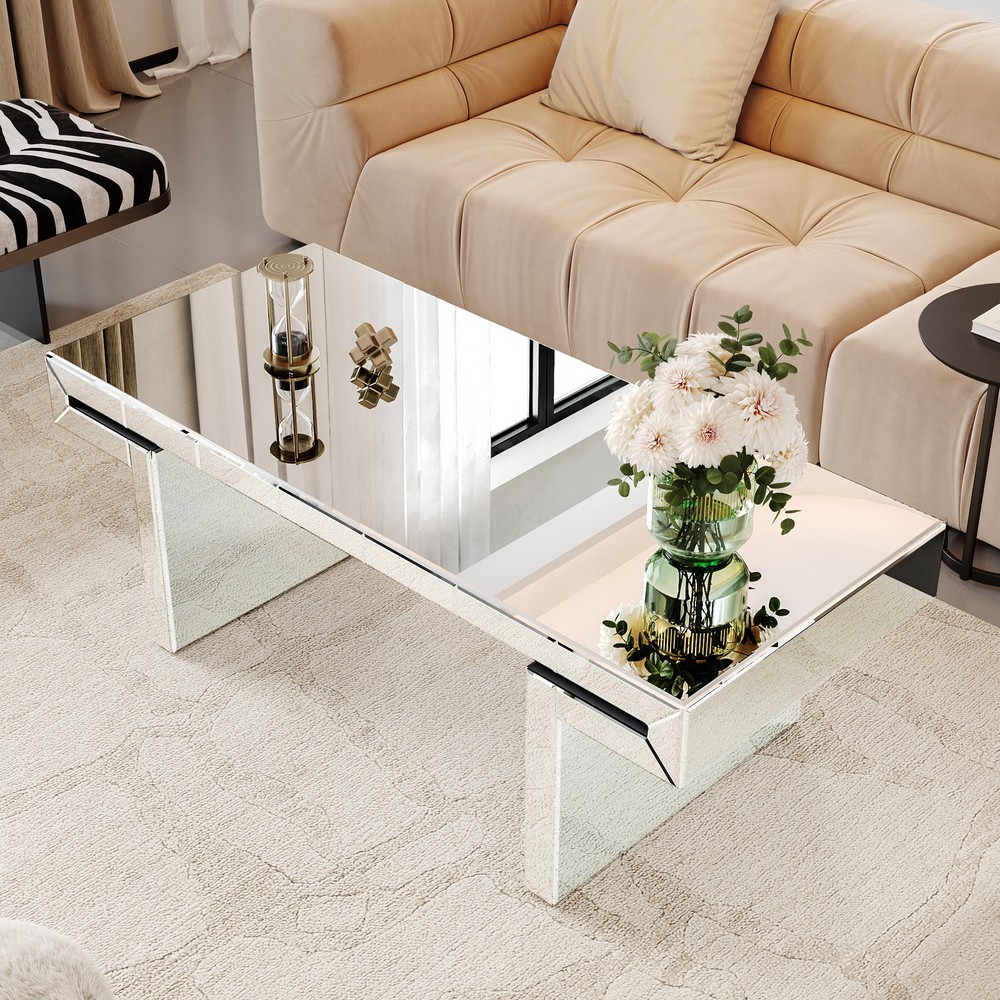 47 Inches Luxury Rectangular Mirror Coffee Table with Fluted Tempered Glass, Mo