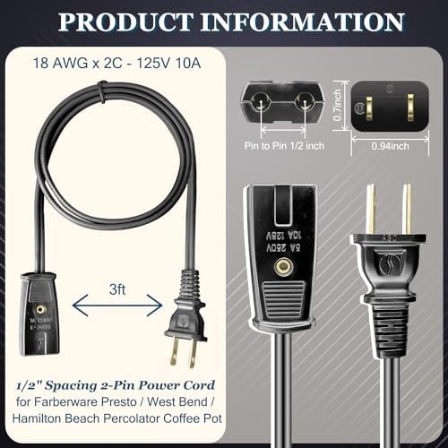 Replacement Power Cord Percolator Electrical Appliance Black