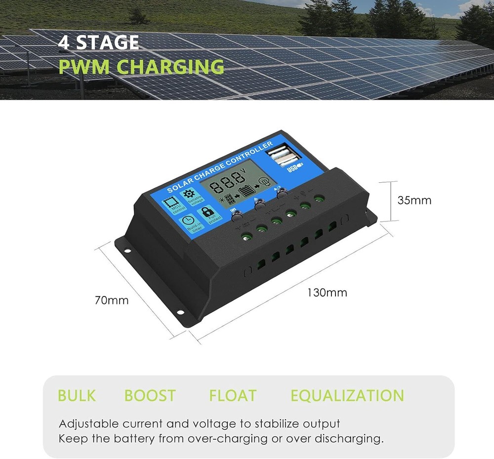 30A 12V/24V Solar Panel Battery Charge Controller LCD Regulator Auto Dual USB US