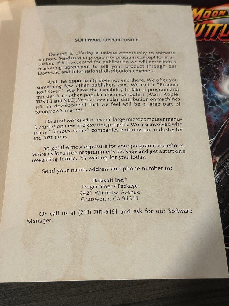 Moon Shuttle Datasoft boxed Atari 400 800 XL XE Vintage Computer game