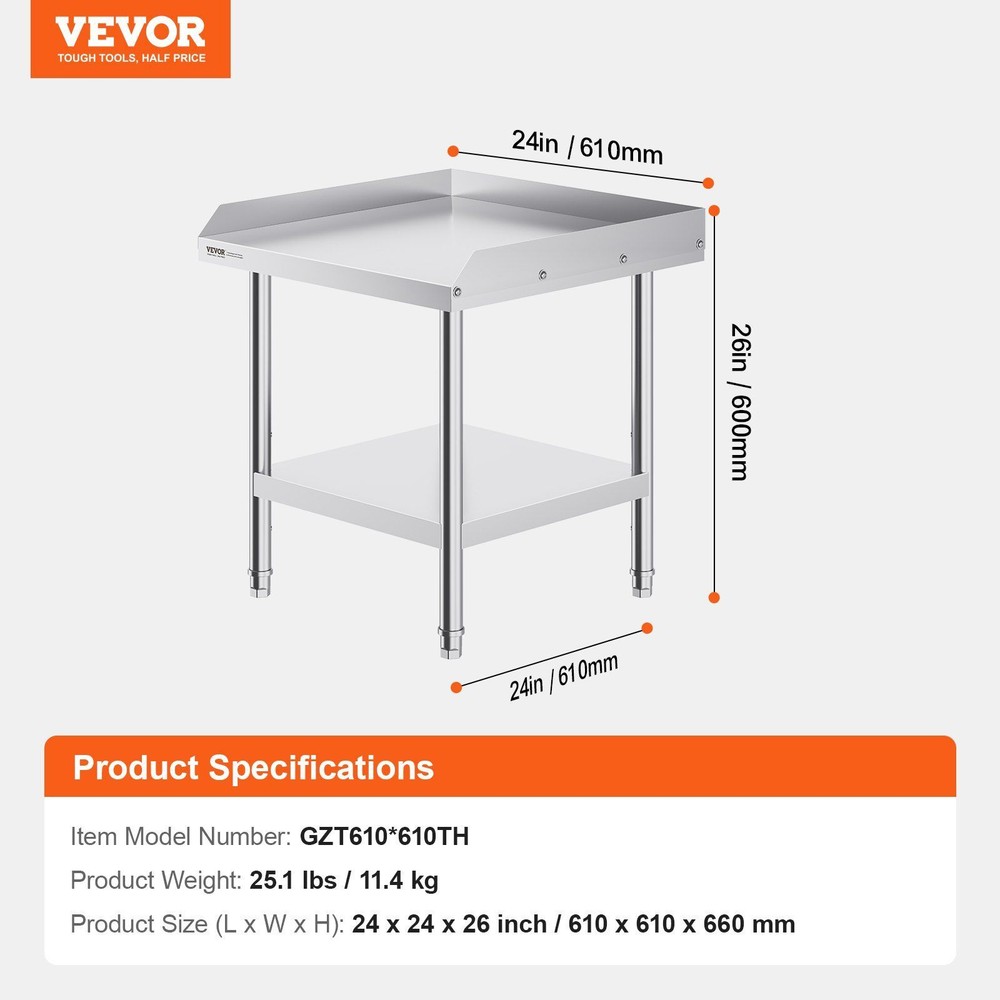 Heavy Duty Stainless Work Table 24x24" Adjustable Height w/3-Sided Backsplash