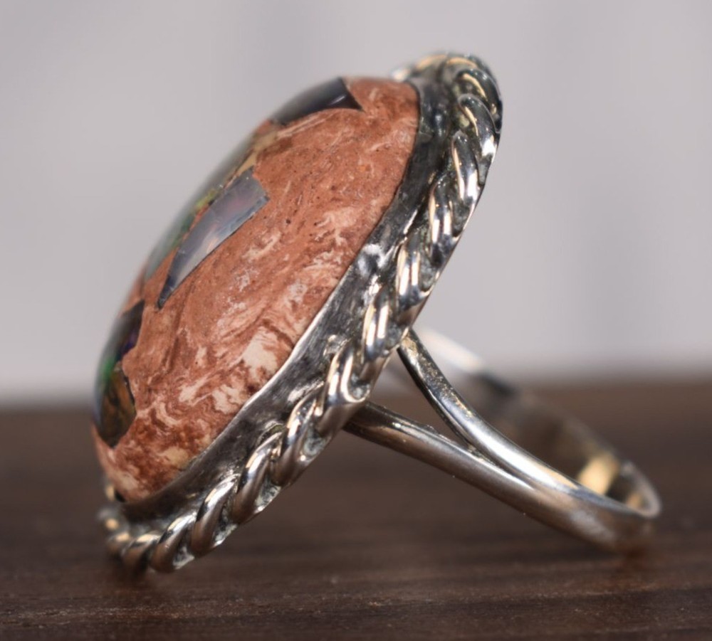 Vintage Boulder Matrix Opal Sterling Silver Rope Border Ring Southwestern