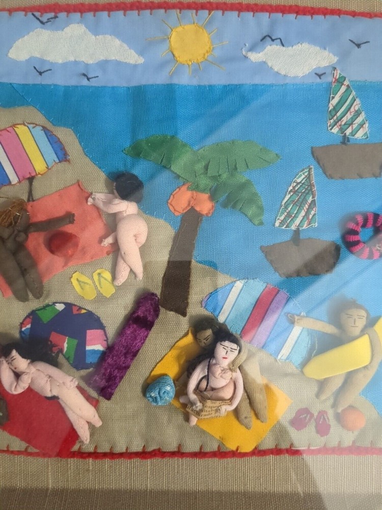 Beach Arpillera Patchwork 3D Handmade Framed Wall Art Peruvian Quilted