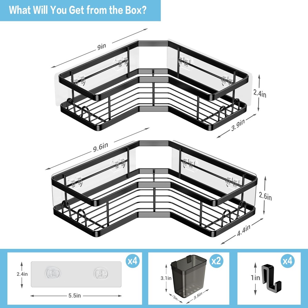 2 Pack Shower Corner Shelves, No Drill Adhesive Storage Rack, Toothpaste Holder