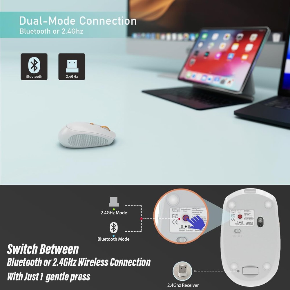 Whalices 52 Silent Wireless Mouse for Work & Study, Dual Mode Bluetooth White