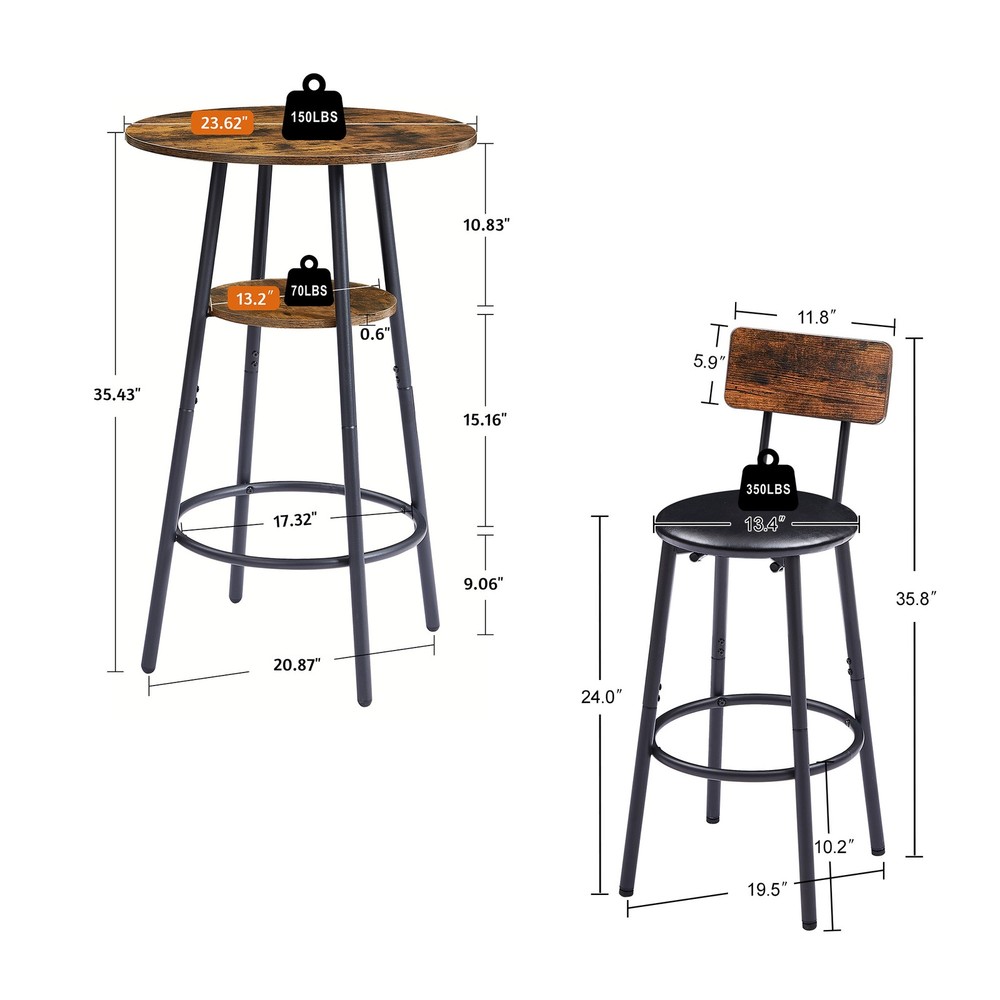 Round Bar Stool Set with Shelf Upholstered Stool with Backrest Rustic Brown