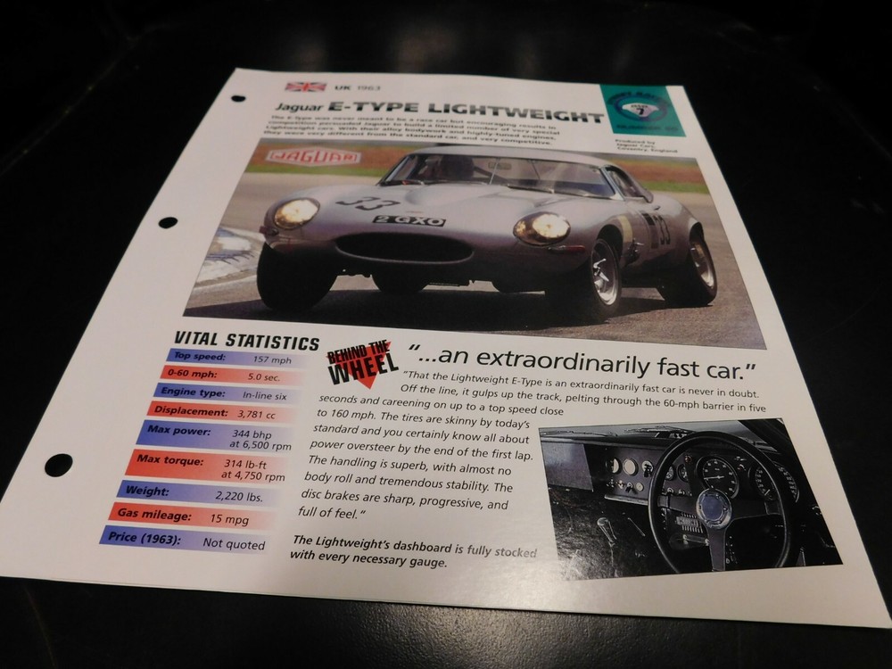 1963 Jaguar E-Type Lightweight Spec Sheet Brochure Photo Poster