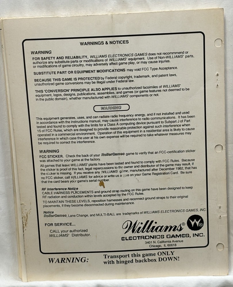 ORIGINAL-WILLIAMS-ROLLERGAMES-OPERATIONS MANUAL-OPERATORS HANDBOOK