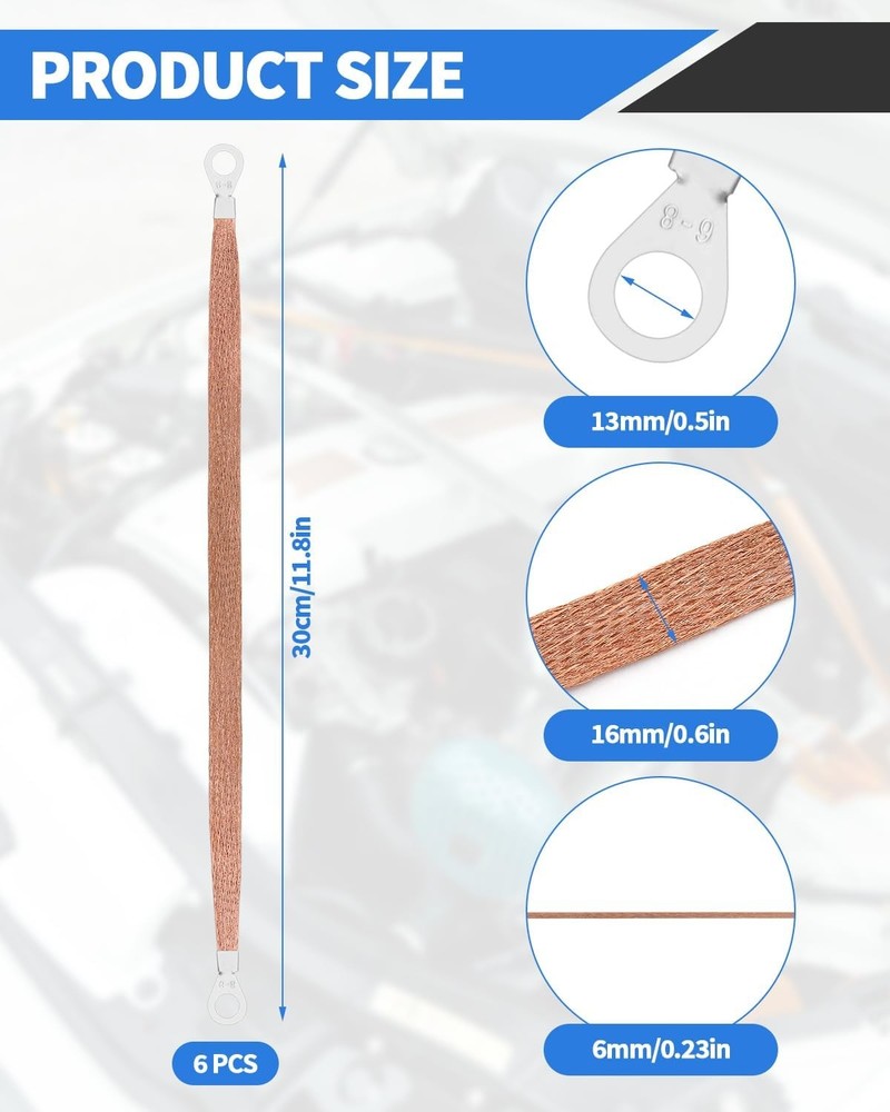 Braided Ground Wire 6 PCS 12in Engine Strap Copper