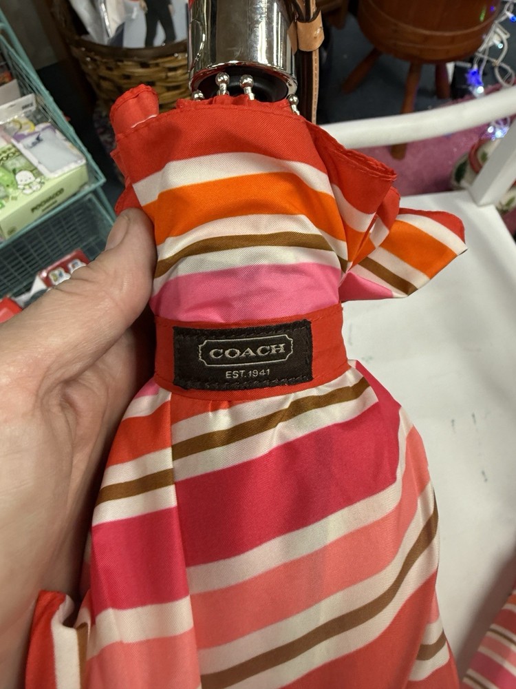 COACH Pink Multicolor Stripe PEYTON Automatic Retractable Umbrella