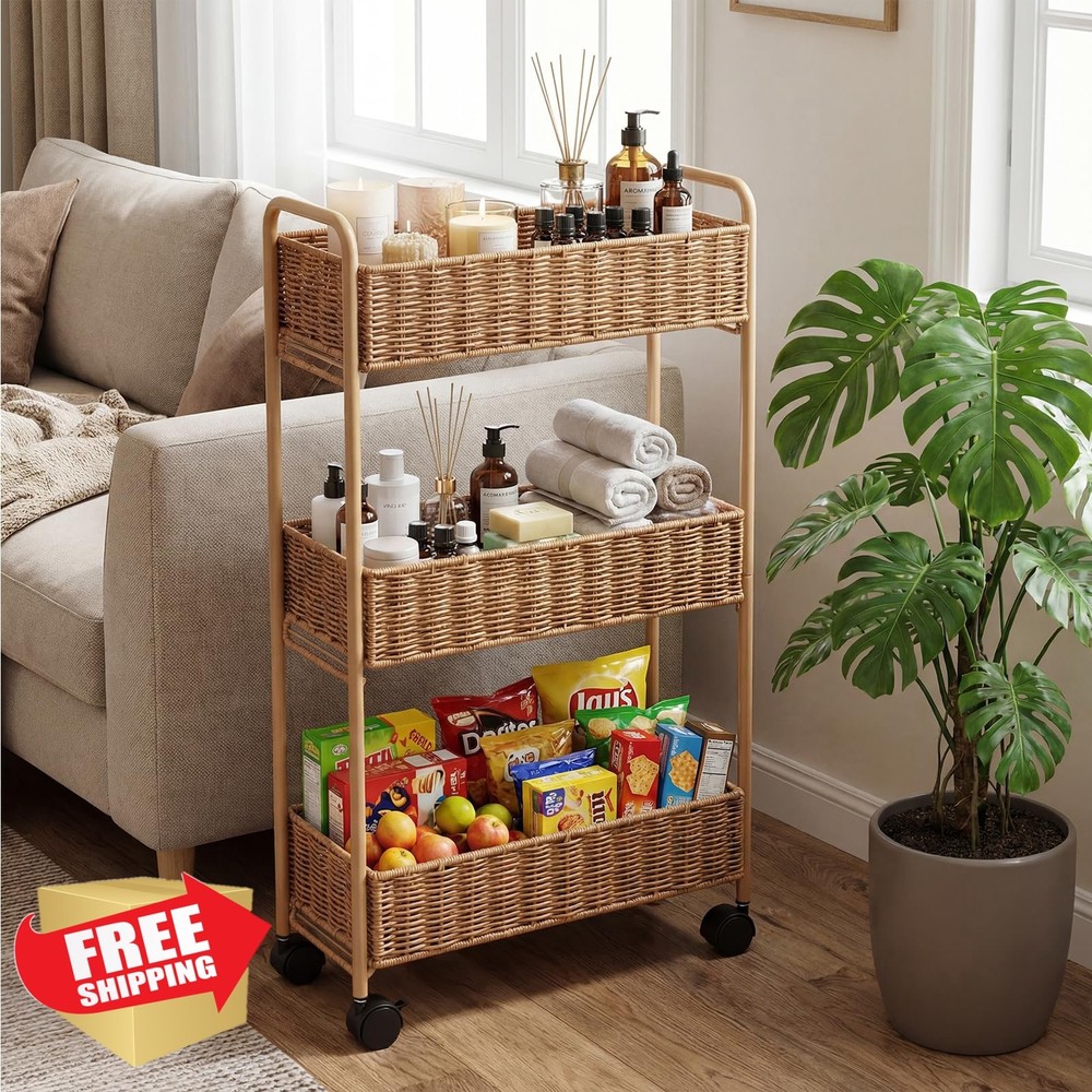 FOCHIER 3-Tier Slim Storage Cart, 7.1"W Rolling Shelving Unit, Natural