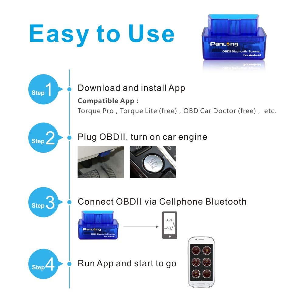 Panlong OBD2 Scanner Bluetooth OBDII Diagnostic Tool Car Blue for Android