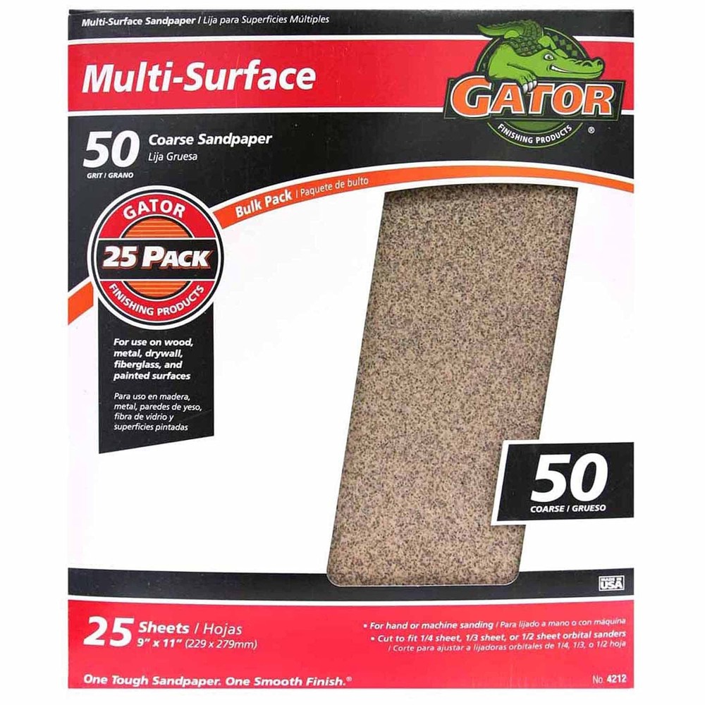Gator 9" x 11" Multi-Surface Sanding Sheets, 50 Grit, 25 Pack