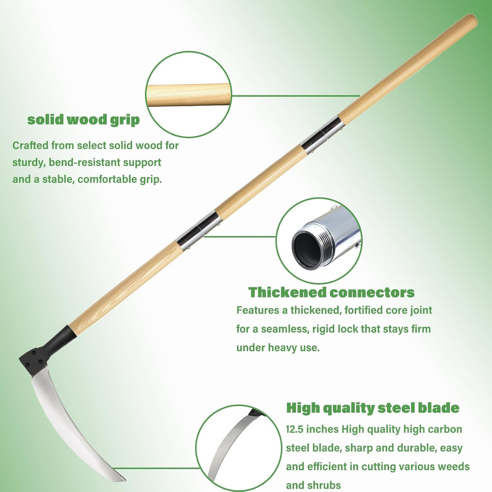 Solid Wood Long Handle Weeding Sickle, 32Cm Extended Blade for Efficient Weed &