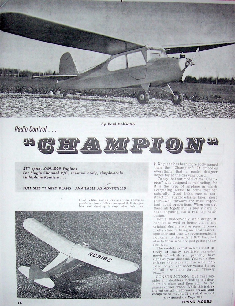 Vintage AERONCA CHAMP PLAN + ALL PATTERNS for a 48" 1/2A RO RC Model Airplane