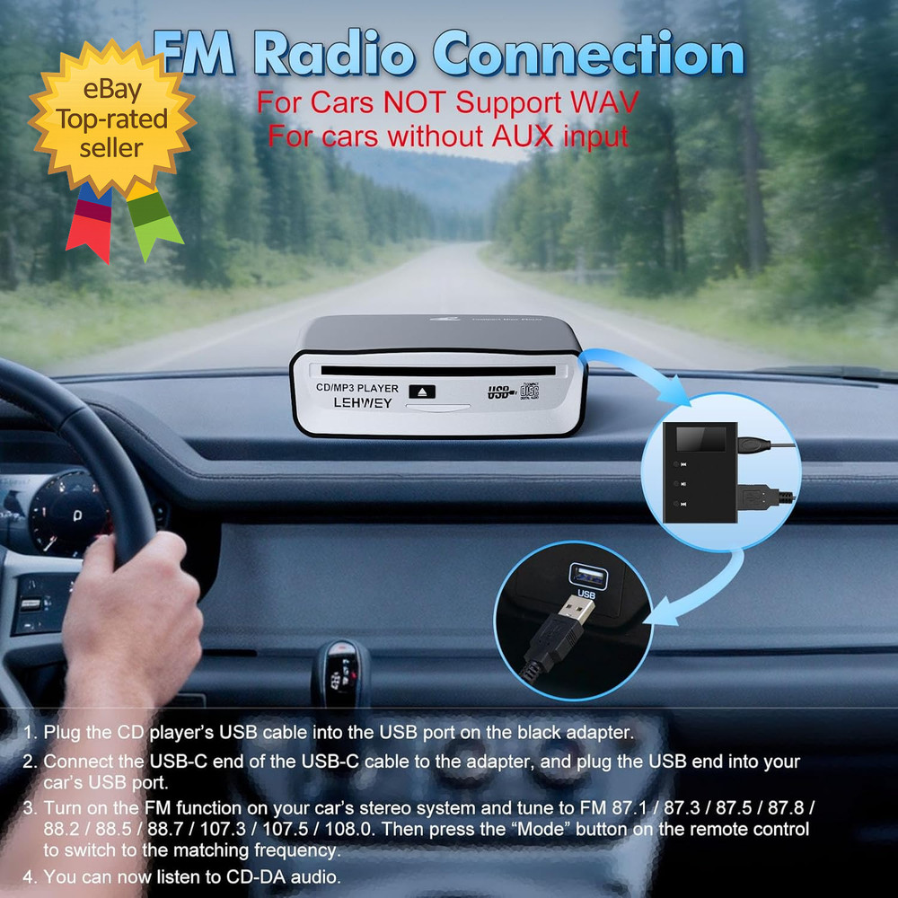 USB CD Player Car External AUX FM Transmitter Portable Anti Skip Remote Control