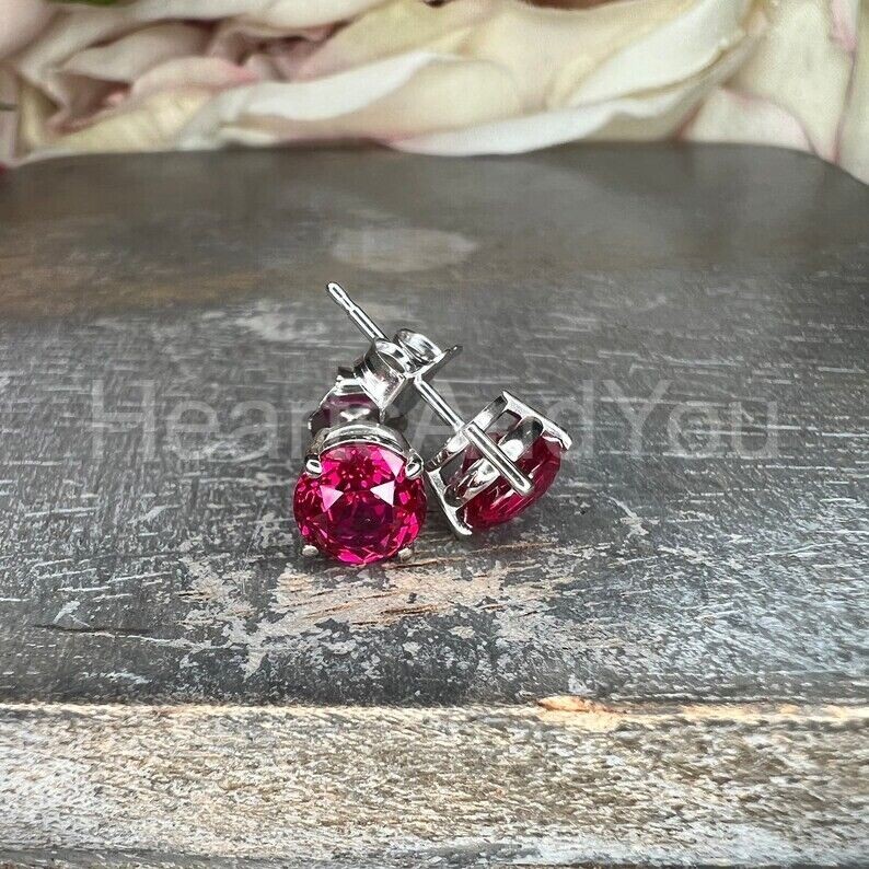 2ct Round Cut Natural Ruby Diamond Solitaire Stud Earrings 14k Solid White Gold