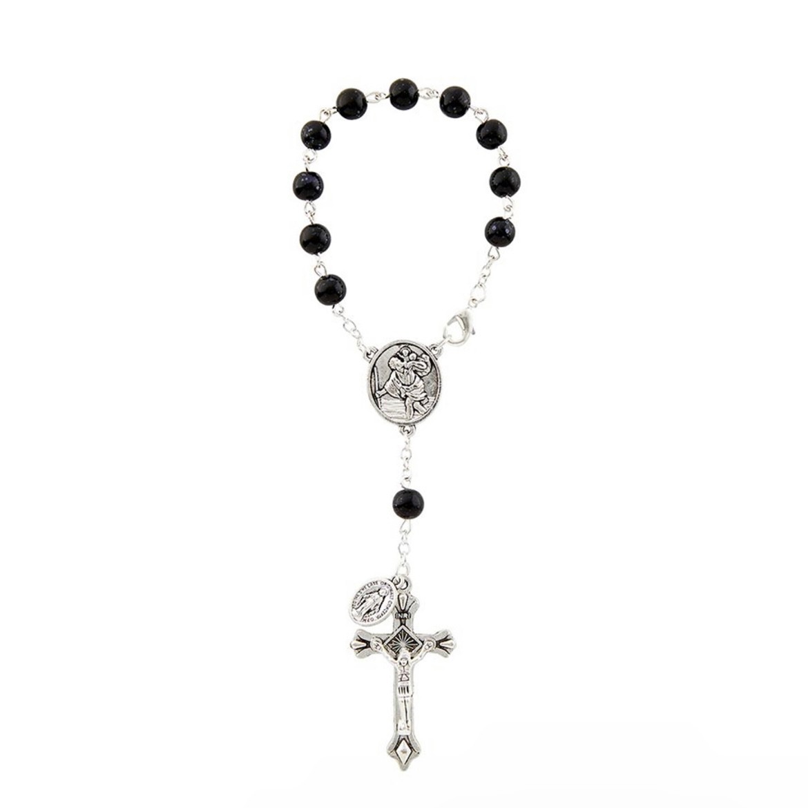 St Christopher Black Glass Rosary Car Mirror Pocket Miraculous Medal Crucifix